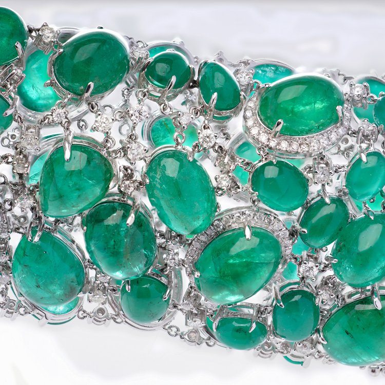 Fine Cabochon Emerald and Diamond Bracelet, 135 carats