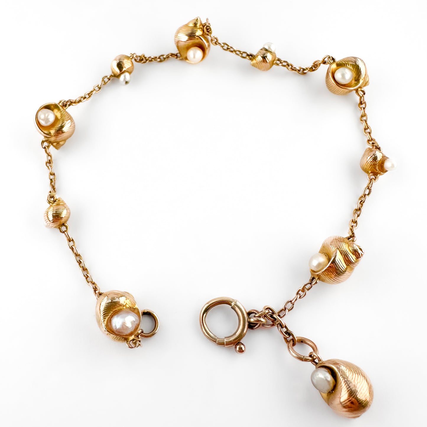 Edwardian Antique Gold Shell Bracelet with Natural Pearls