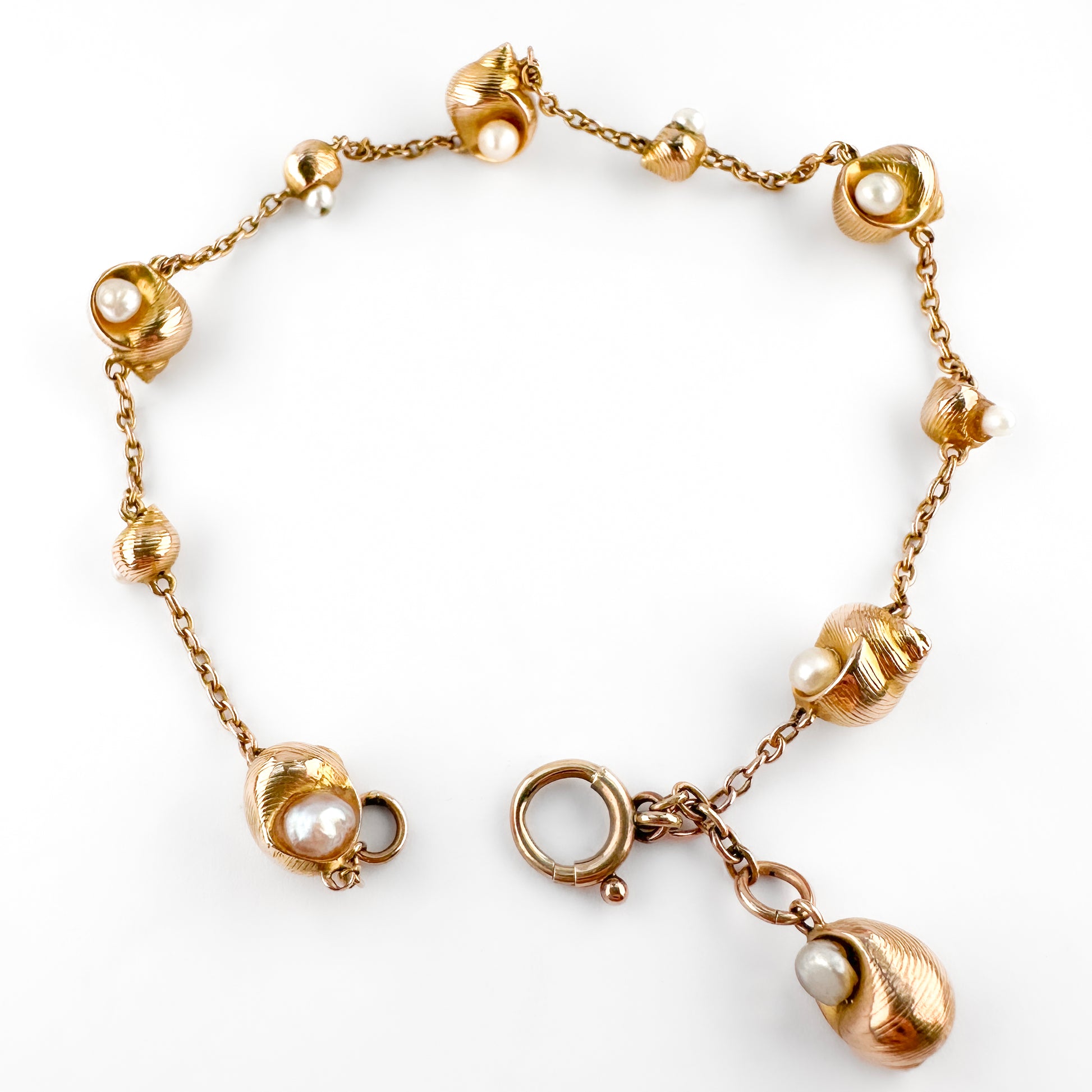 Edwardian Antique Gold Shell Bracelet with Natural Pearls