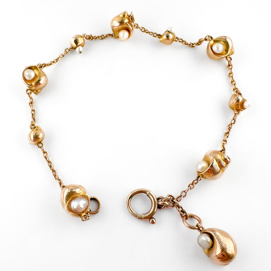 Edwardian Antique Gold Shell Bracelet with Natural Pearls