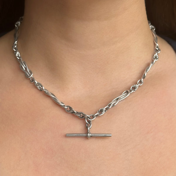 Edwardian Antique Knot and Reef Fancy Link Silver Albert Chain Necklace With T-Bar