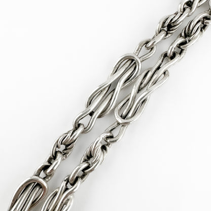 Edwardian Antique Knot and Reef Fancy Link Silver Albert Chain Necklace With T-Bar