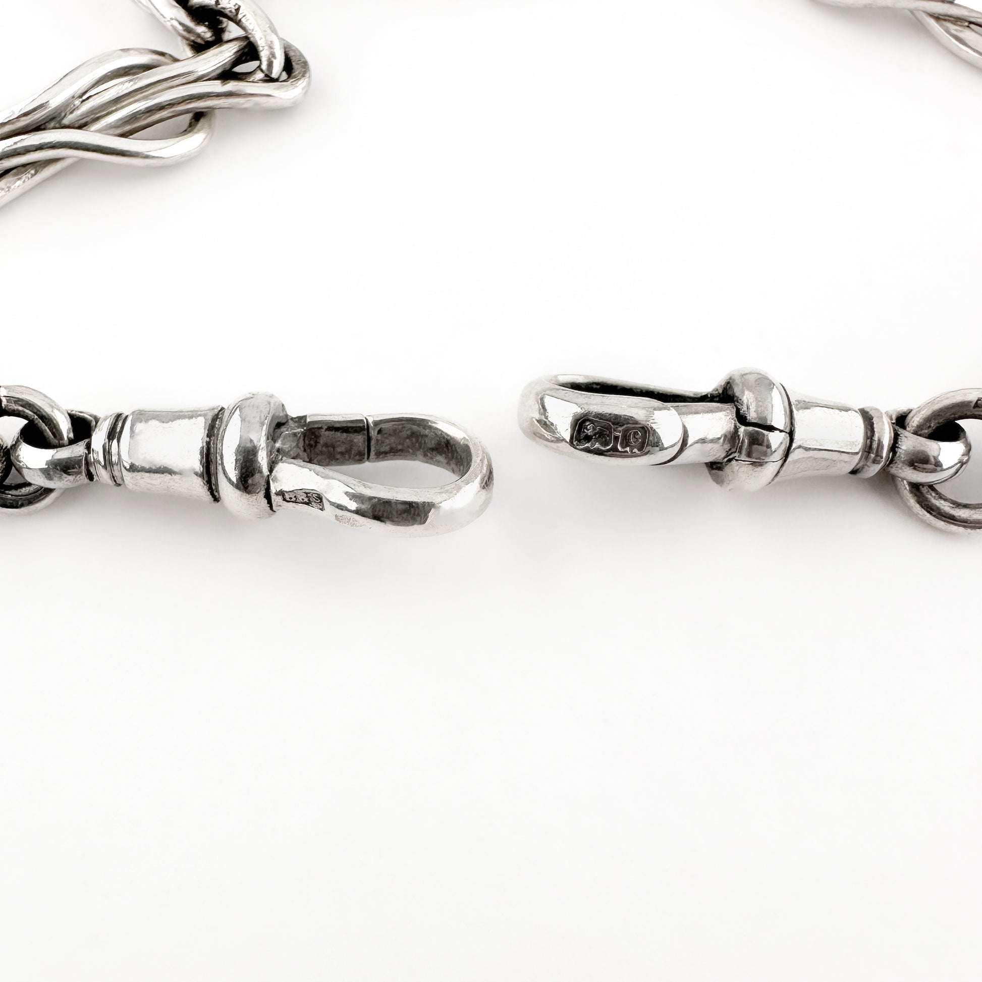 Edwardian Antique Knot and Reef Fancy Link Silver Albert Chain Necklace With T-Bar
