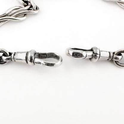Edwardian Antique Knot and Reef Fancy Link Silver Albert Chain Necklace With T-Bar