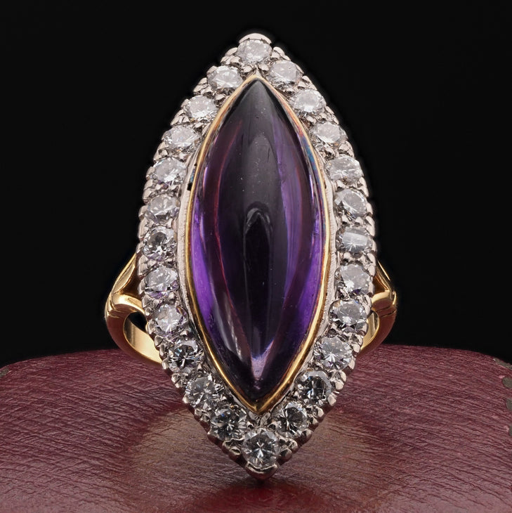 Antique 16ct Marquise Cabochon Amethyst and Diamond Cluster Navette Ring