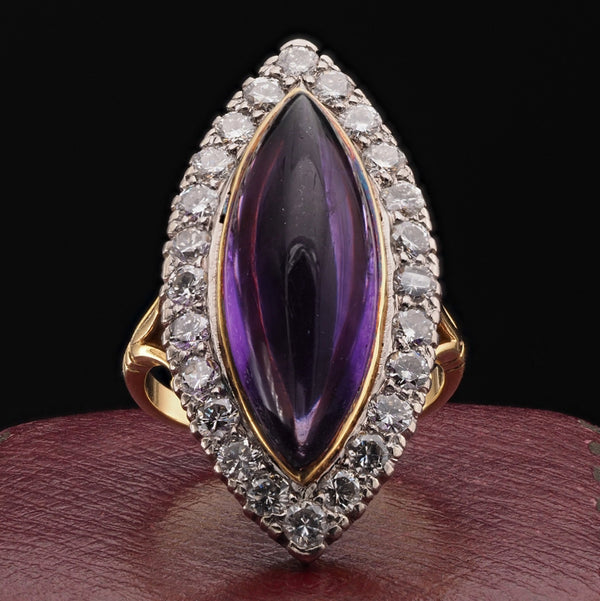 Antique 16ct Marquise Cabochon Amethyst and Diamond Cluster Navette Ring