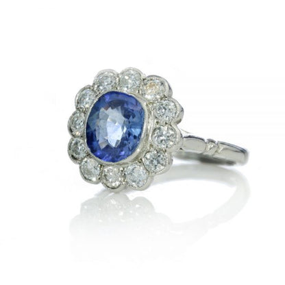 Vintage 2ct Natural Ceylon Sapphire and Diamond Floral Cluster Ring, Circa 1970s