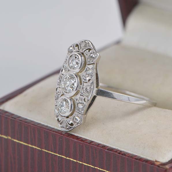 Edwardian Antique 1ct Old Cut Diamond Trilogy Panel Ring