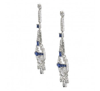 Vintage 1980's Diamond, Sapphire and Platinum Chandelier Drop Earrings, in the Art Deco style