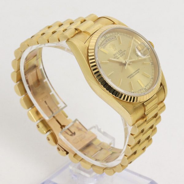 Vintage Rolex Day Date President 18238 18ct Yellow Gold 36mm Automatic Watch; gold-colour dial, weekday and date functions and sapphire crystal, 18ct yellow gold President bracelet with 18ct Crownclasp, with Rolex box, Circa 1990s
