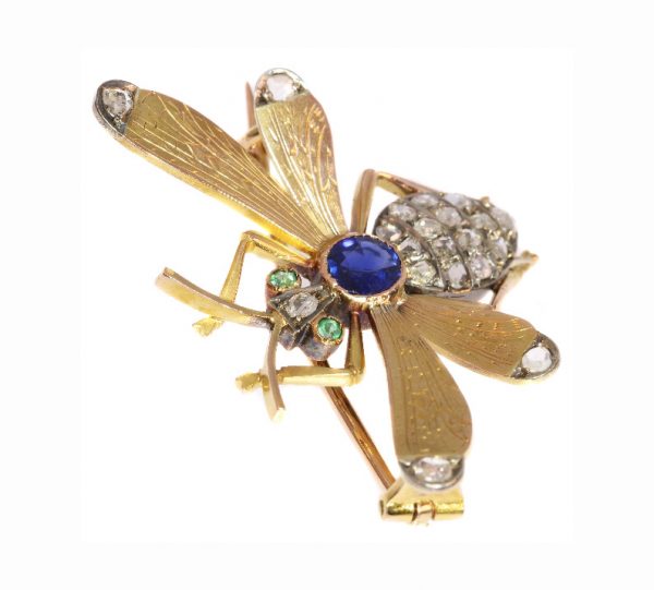 Antique Victorian Sapphire Emerald and Diamond Queen Bee Brooch
