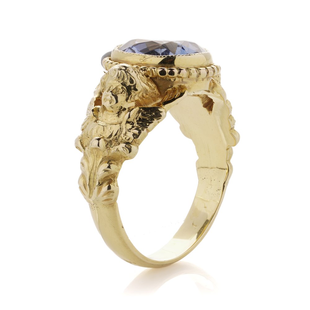 Antique Art Nouveau 5ct Natural Sapphire Ring Yellow Gold Cherub Shoulders