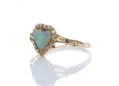 Antique Victorian Opal and Rose Cut Diamond Heart Shaped Cluster Ring