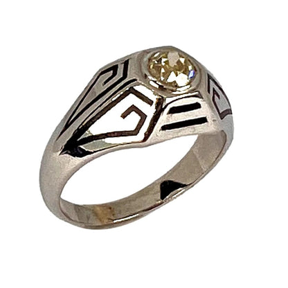 Art Deco 0.45ct Old European Cut Tinted Yellow Diamond Black Enamel and 14ct White Gold Ring