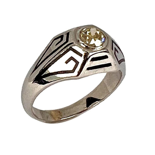 Art Deco 0.45ct Old European Cut Tinted Yellow Diamond Black Enamel and 14ct White Gold Ring