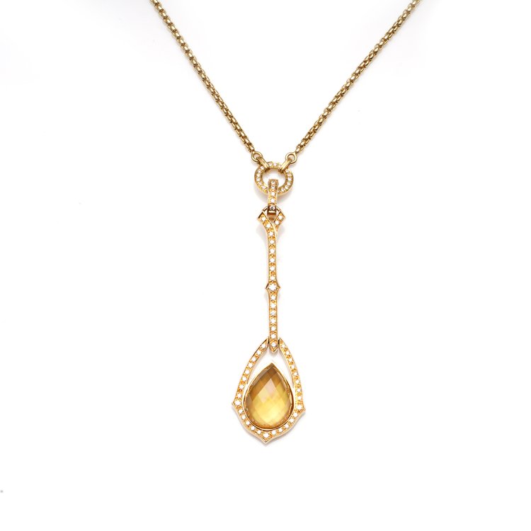 Stephen Webster Crystal Haze Collection Necklace; featuring a luminous Citrine and mother of pearl doublet surrounded by a halo of 0.78cts pave set diamonds, on an 18ct yellow gold chain with a secure hidden box clasp. Made in England, London, Circa 2007