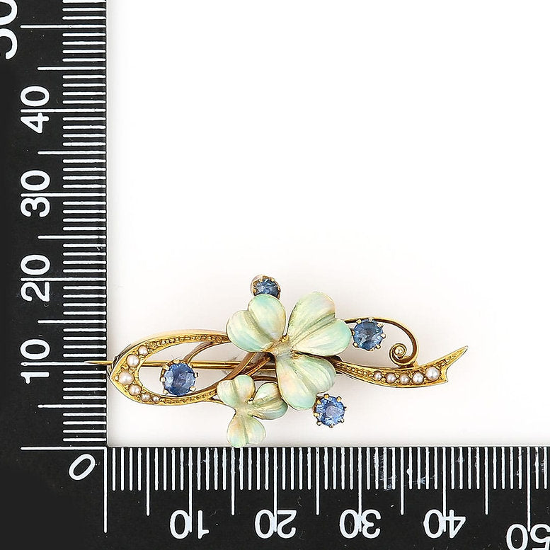 Art Nouveau Sapphire Pearl and Enamel Flower Brooch