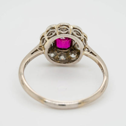 Edwardian Antique Ruby and Diamond Floral Cluster Engagement Ring in Platinum