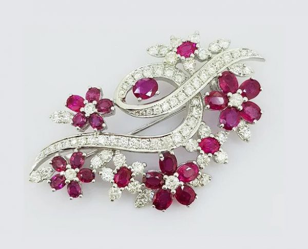 Vintage Ruby and Diamond Floral Spray Brooch, 18ct white gold. Circa 1970.