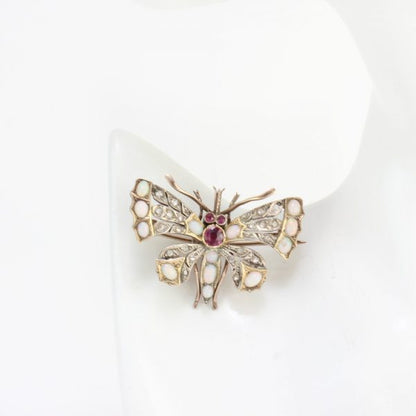 Antique Victorian Butterfly Brooch with Opals, Rubies and Diamonds, set in silver and 15ct gold