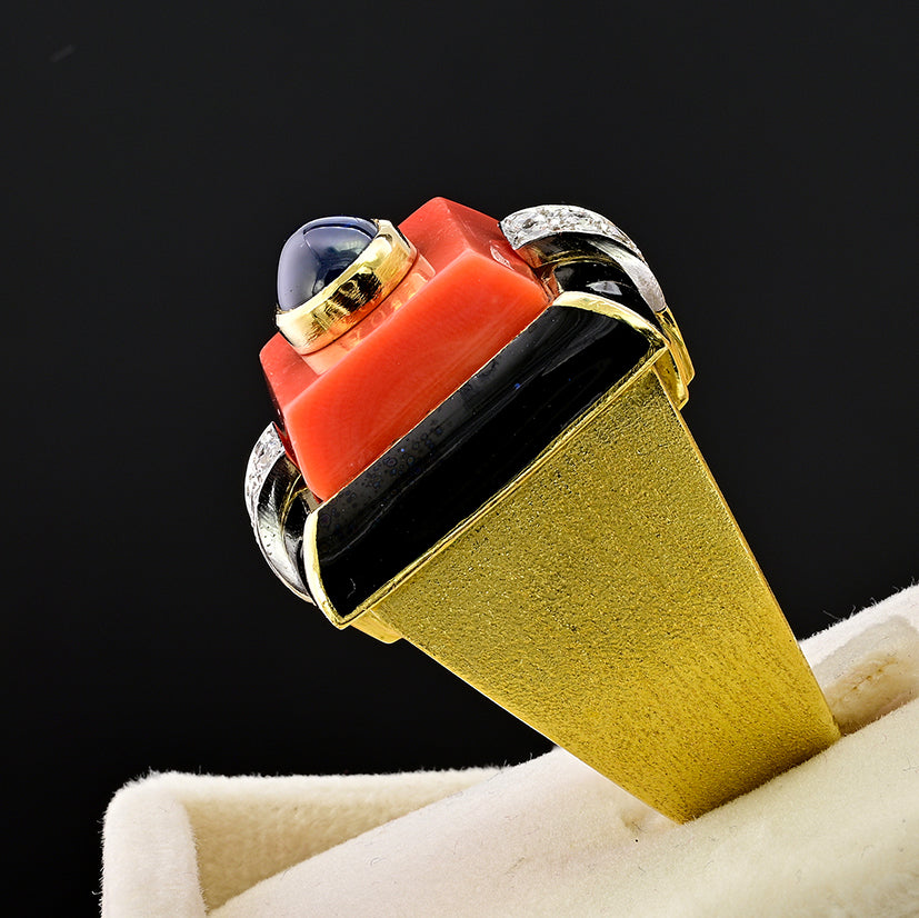 Vintage David Webb Coral Sapphire Enamel Diamond Gold Cocktail Ring