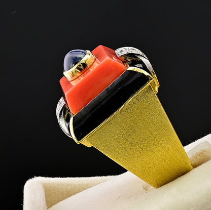 Vintage David Webb Coral Sapphire Enamel Diamond Gold Cocktail Ring