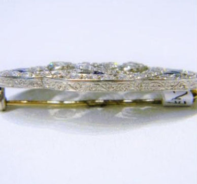 Art Deco Sapphire and Old Cut Diamond Brooch in Platinum, 4.00 carats