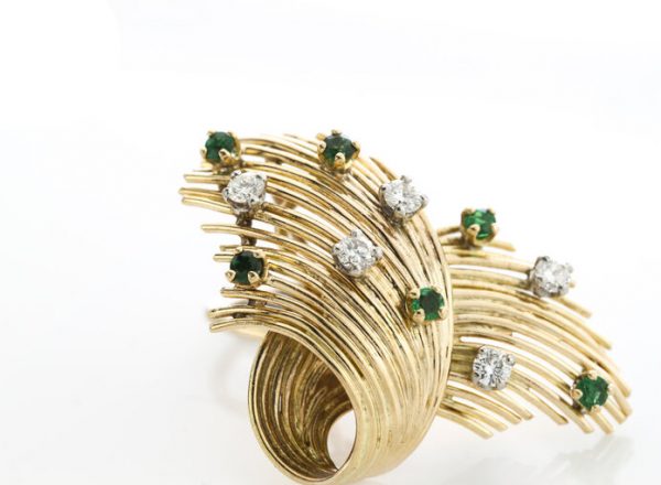 Vintage 1970s Emerald, Diamond and 18ct Yellow Gold Earrings; textured spray earrings set with natural emeralds and diamonds, post and clip fittings