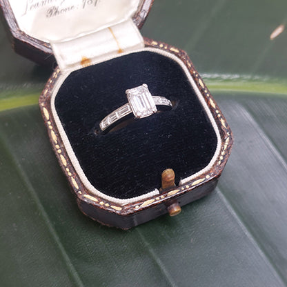 GIA Certified E VS2 1.03ct Emerald Cut Diamond Solitaire Engagement Ring in Platinum with Baguette Diamond Shoulders