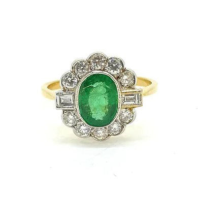 Modern 1.20ct Oval Emerald and Diamond Flower Cluster Ring
