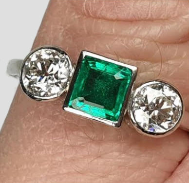 0.50ct Princess Cut Colombian Emerald and Diamond Three Stone Ring in Platinum