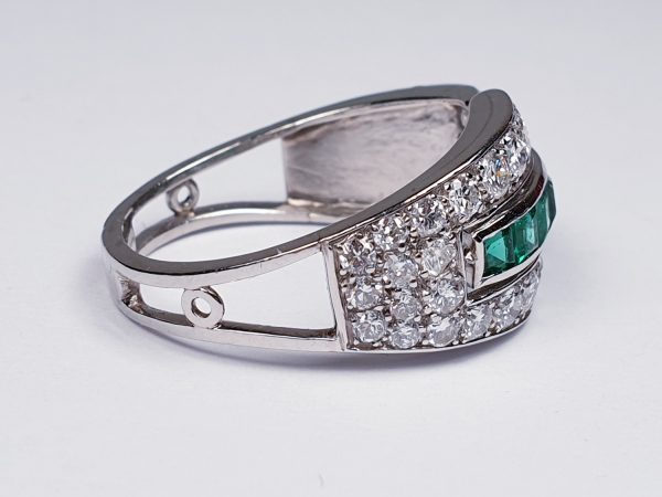 Vintage 1940s Emerald and Diamond Asymmetric Geometric Band Ring