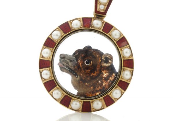 Antique Victorian Essex Crystal, Pearl and Enamel Bear Pendant