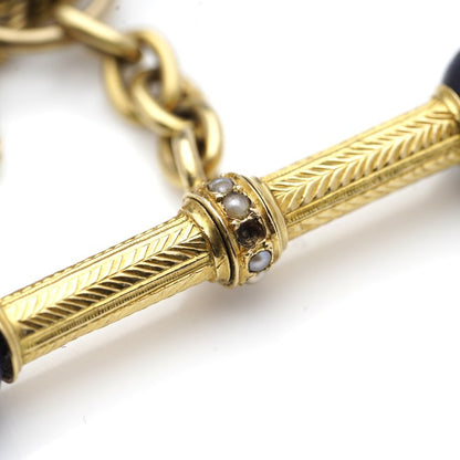 19th Century Antique 18ct Yellow Gold Chatelaine Bracelet with Lapis Lazuli and Pearls T bar clasp