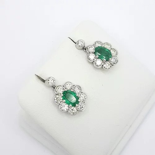1.40ct Emerald and Diamond Cluster Drop Earrings