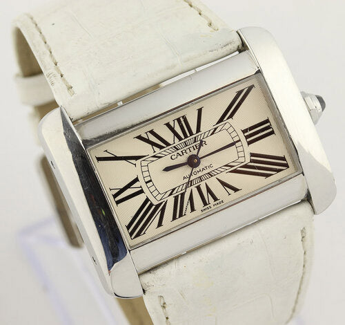 Cartier Tank Divan 2612 Large Model Stainless Steel Automatic, white dial, Roman numerals, sapphire crystal, Cartier white leather strap with stainless steel pin buckle.