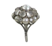Cats Eye Moonstone and Pearl Cluster Bombe Cocktail Ring