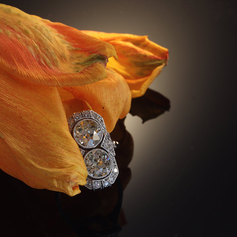 Art Deco Antique 2.70ct Old Mine Cut Diamond Plaque Ring