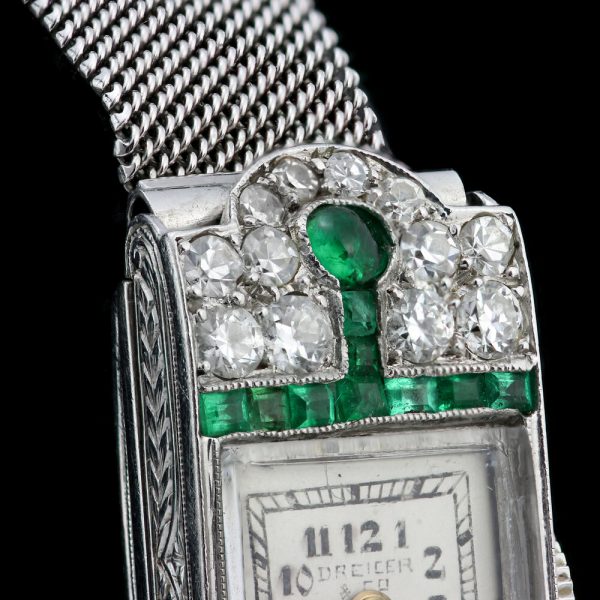 Drecier and Co Art Deco Platinum Manual Watch with Emeralds and Old Cut Diamonds