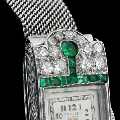 Drecier and Co Art Deco Platinum Manual Watch with Emeralds and Old Cut Diamonds