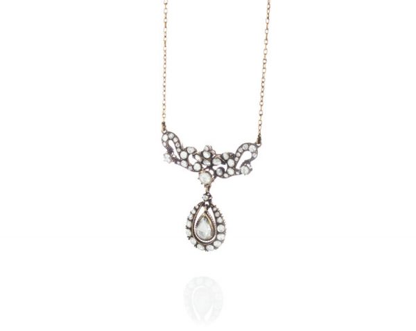 Antique Victorian Diamond Pendant Necklace, featuring rose-cut and round cut diamond panel suspending a pear cut diamond cluster drop, 5.82 carat total, mounted in 15ct yellow gold. Made in England, Circa 1850