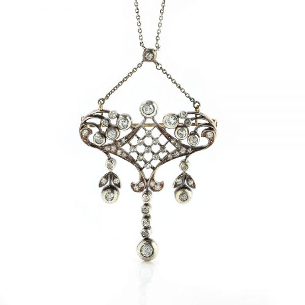 Antique Edwardian Old Cut Diamond Pendant Necklace Brooch, 1.70 carats