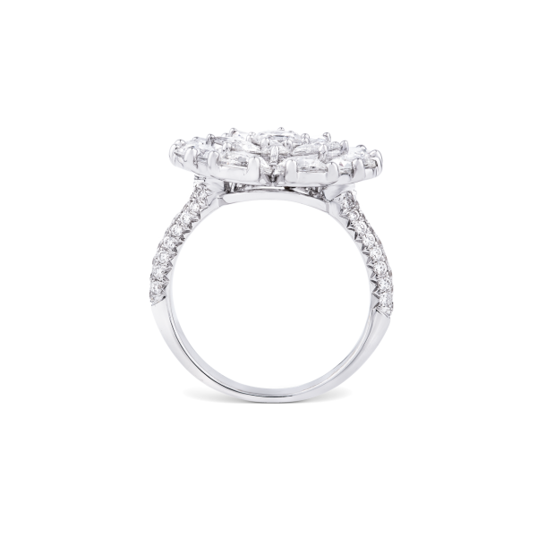 Rose Cut Diamond Blossom Flower Cluster Ring; featuring 2.82 carats of round and pear-shaped rose-cut diamonds, accented with 48 micro pave set diamonds