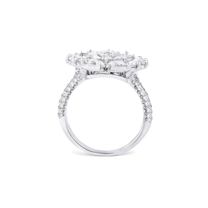 Rose Cut Diamond Blossom Flower Cluster Ring; featuring 2.82 carats of round and pear-shaped rose-cut diamonds, accented with 48 micro pave set diamonds