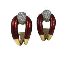 Vourakis Red Enamel, Diamond and 18ct Gold Buckle Clip On Earrings; 18ct yellow gold partly enamelled in rich crimson with 0.60cts diamond bombe finials in white gold Signed, Made in Greece circa 1960
