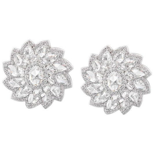 Rose Cut Diamond Flower Cluster Stud Earrings, 7.74cts, 18ct White Gold
