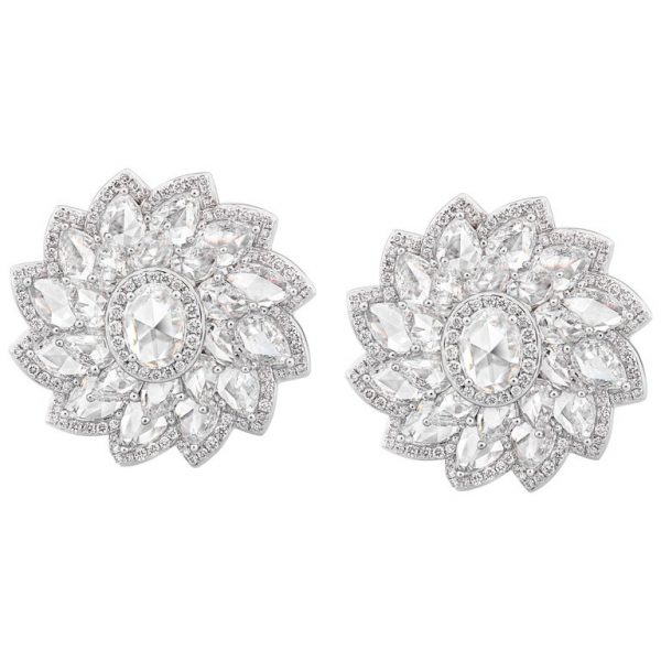 Rose Cut Diamond Flower Cluster Stud Earrings, 7.74cts, 18ct White Gold