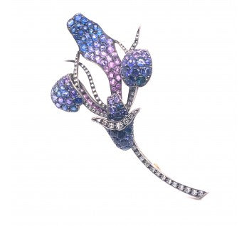 Shaded Sapphire and Diamond Orchid Flower Brooch, Silver and Gold
