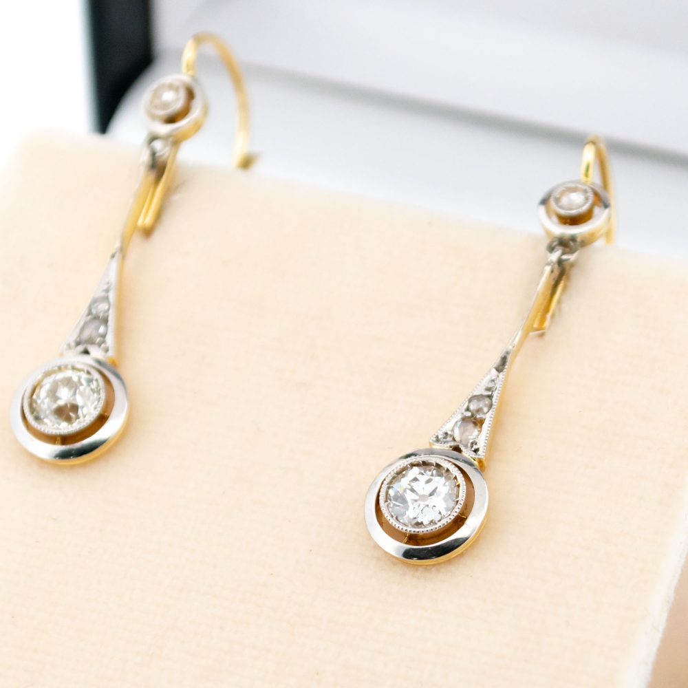 Art Deco Old Cut Diamond Pendant Earrings In 18 Carat Yellow And White Gold