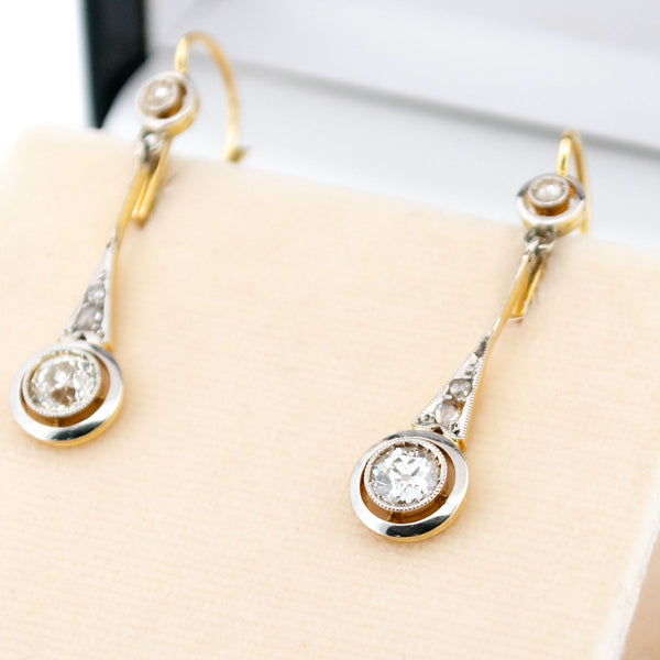 Art Deco 18 Carat Gold Old Mine-Cut and Rose-Cut Diamond Drop Earrings, 1.10 Carats